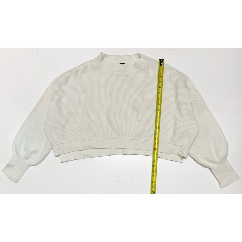 Free People Womens M Cream Ribbed Knit Cropped Mock Neck Balloon‎ Sleeve Sweater